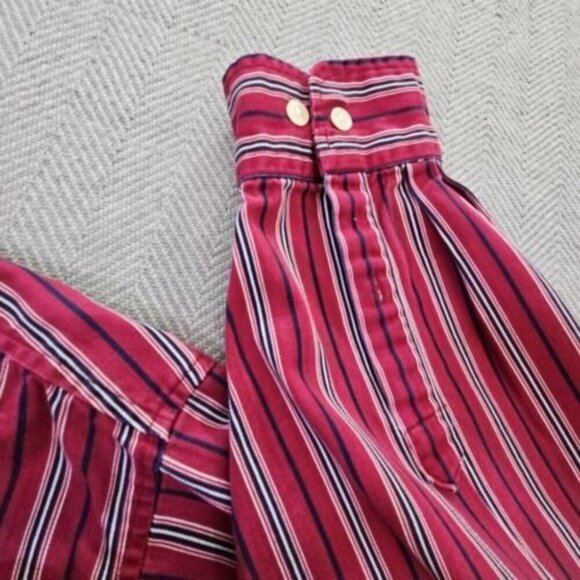 John Ashford Men's Dress Shirt Medium Red Blue Button-Down Striped Long Sleeve - Picture 12 of 13